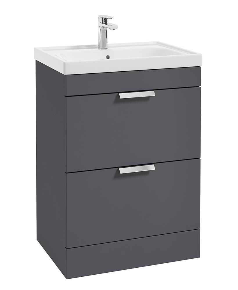 SONAS Stockholm 60cm 2 Drawer Floor Standing Vanity Unit Midnight Grey Matt- Brushed Chrome Hardware