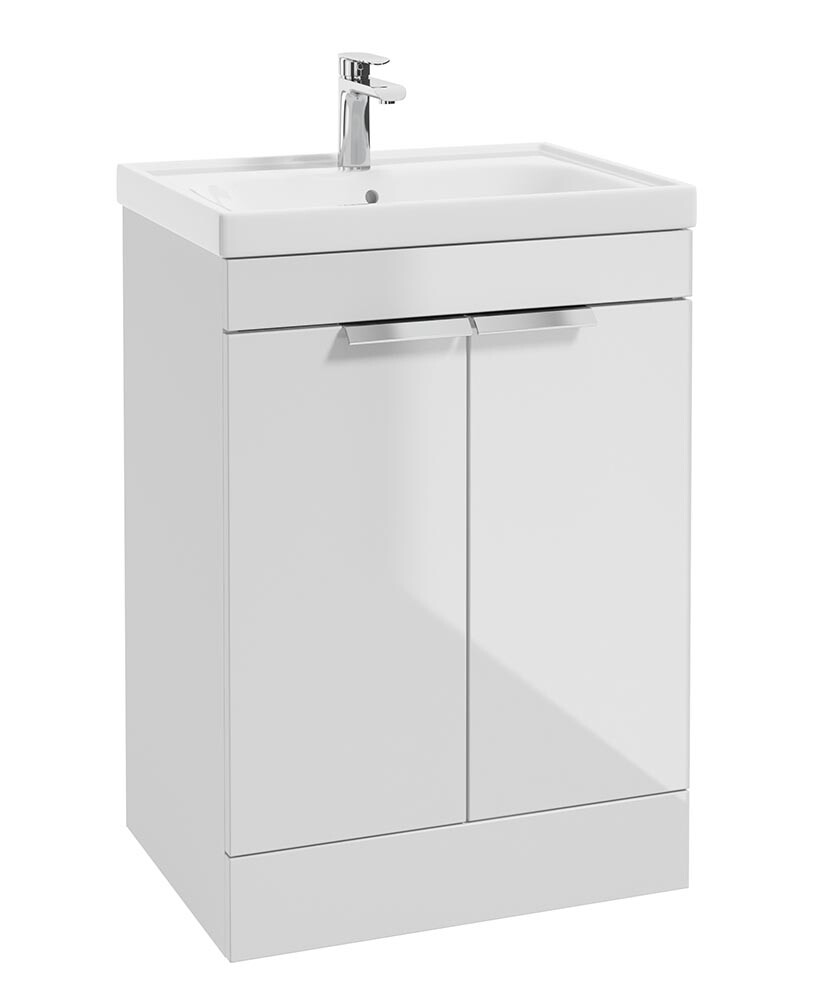 SONAS Stockholm 60cm 2 Door Floor Standing Vanity Unit Gloss White- Brushed Chrome Hardware