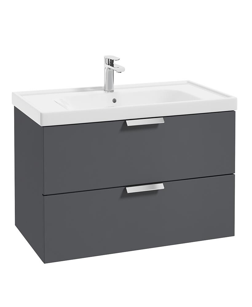 SONAS Stockholm 80cm Two Drawer Wall Hung Vanity Unit Midnight Grey Matt- Brushed Chrome Hardware
