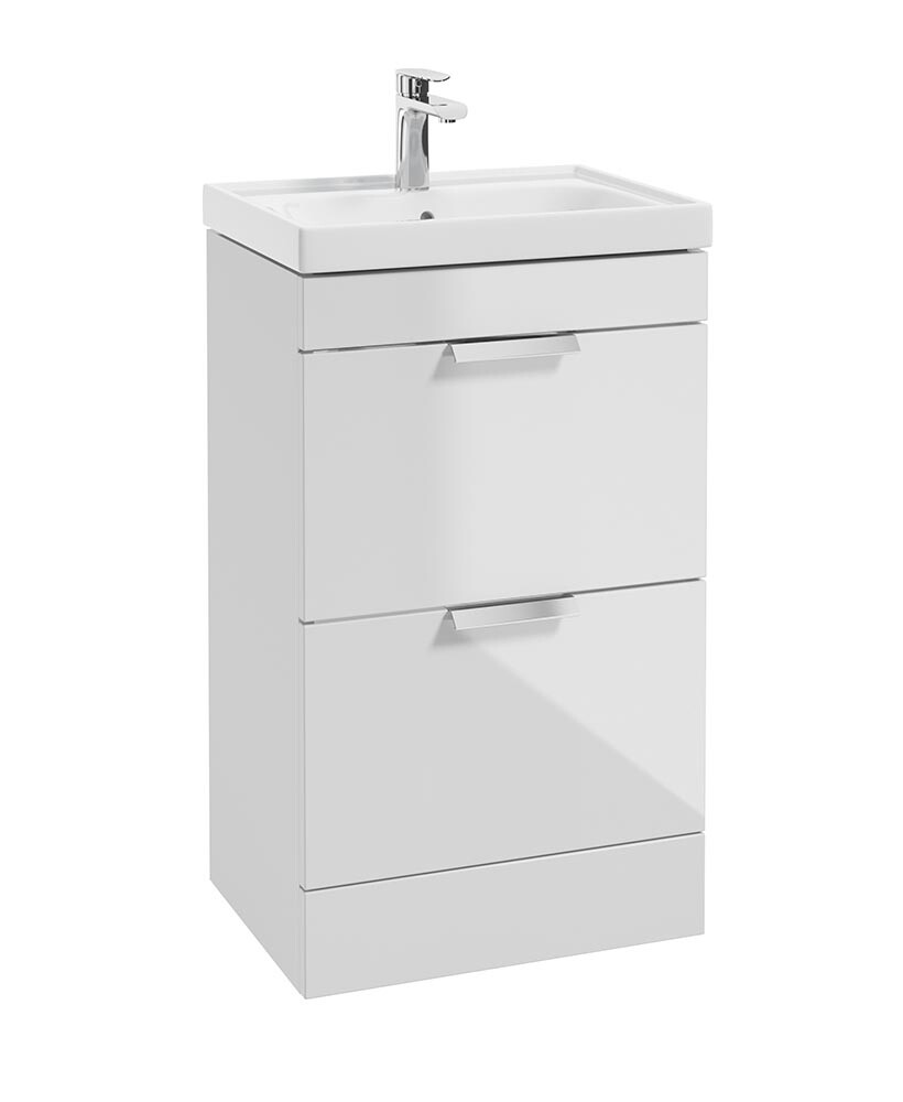 SONAS Stockholm 50cm Short Projection 2 Drawer Floor Standing Vanity Unit Gloss White- Brushed Chrome Hardware