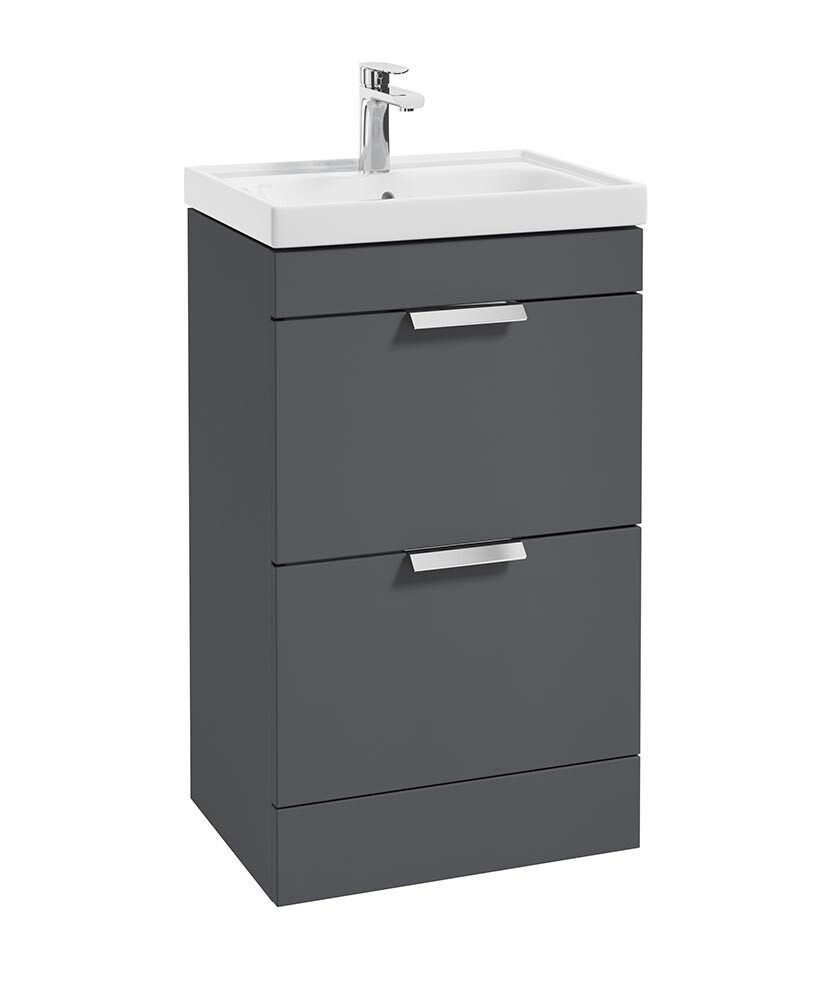 SONAS Stockholm 50cm Short Projection 2 Drawer Floor Standing Vanity Unit Midnight Grey Matt- Brushed Chrome Hardware