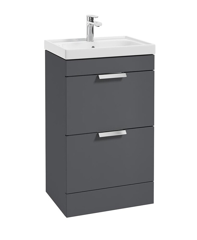 SONAS Stockholm 50cm Short Projection 2 Drawer Floor Standing Vanity Unit Midnight Grey Matt- Brushed Chrome Hardware