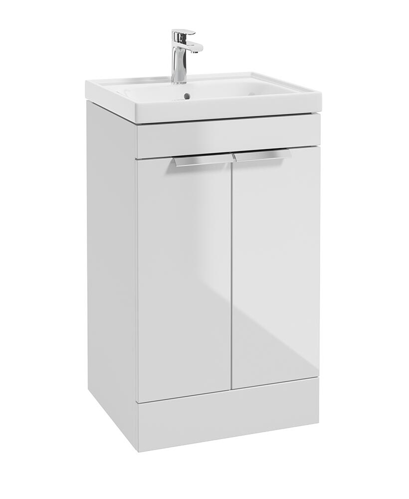 SONAS Stockholm 50cm Short Projection 2 Door Floor Standing Vanity Unit Gloss White- Brushed Chrome Hardware