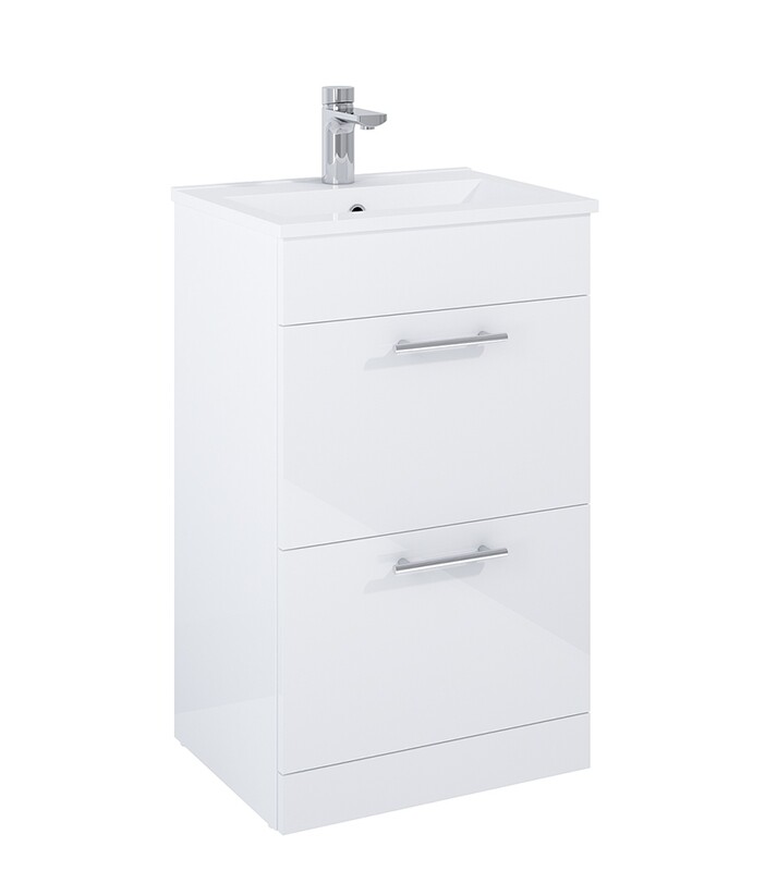 SONAS Belmount Square Gloss White 50cm Short Projection 2 Drawer Floor Standing Vanity- Chrome Hardware