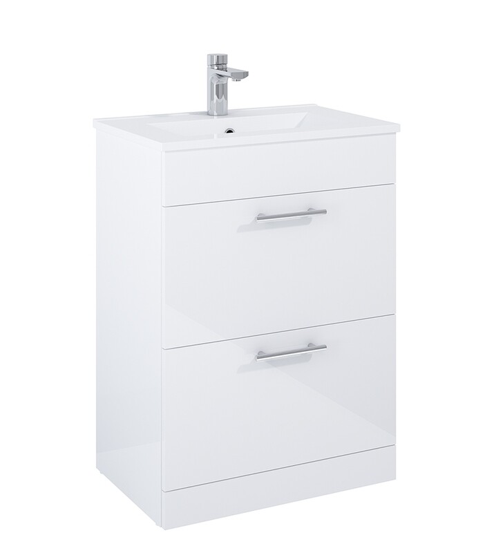 SONAS Belmount Square Gloss White  60cm Short Projection 2 Drawer Floor Standing Vanity- Chrome Hardware