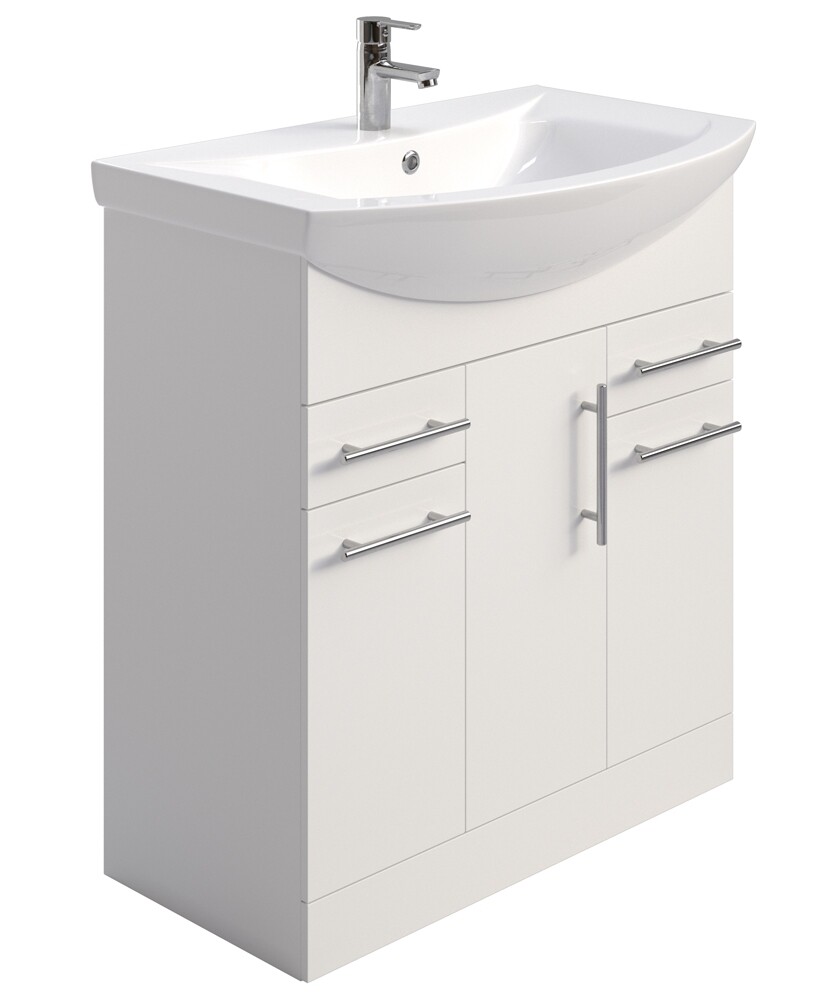 SONAS Belmont Gloss White 75cm 3 Door, 2 Drawer, Floor Standing Vanity Unit- Chrome Hardware