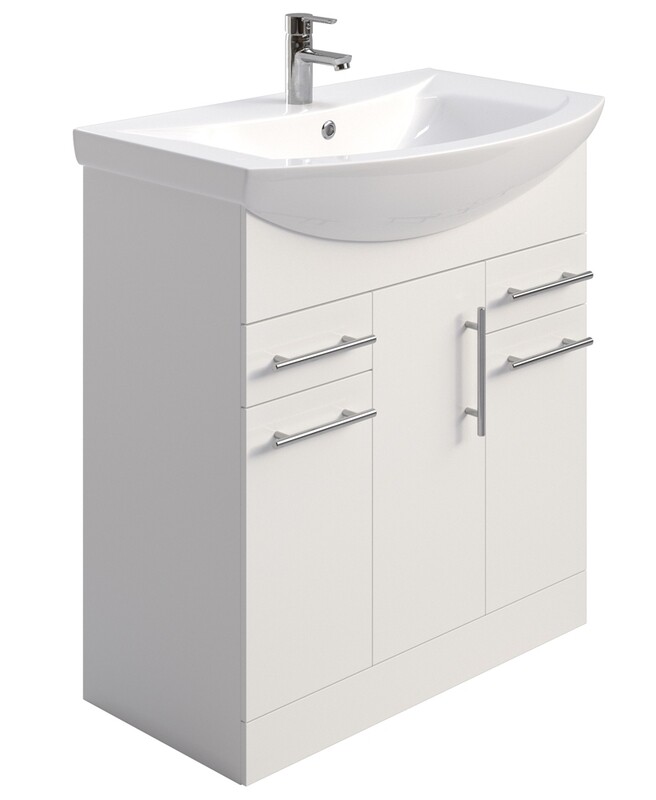 SONAS Belmont Gloss White 75cm 3 Door, 2 Drawer, Floor Standing Vanity Unit- Chrome Hardware