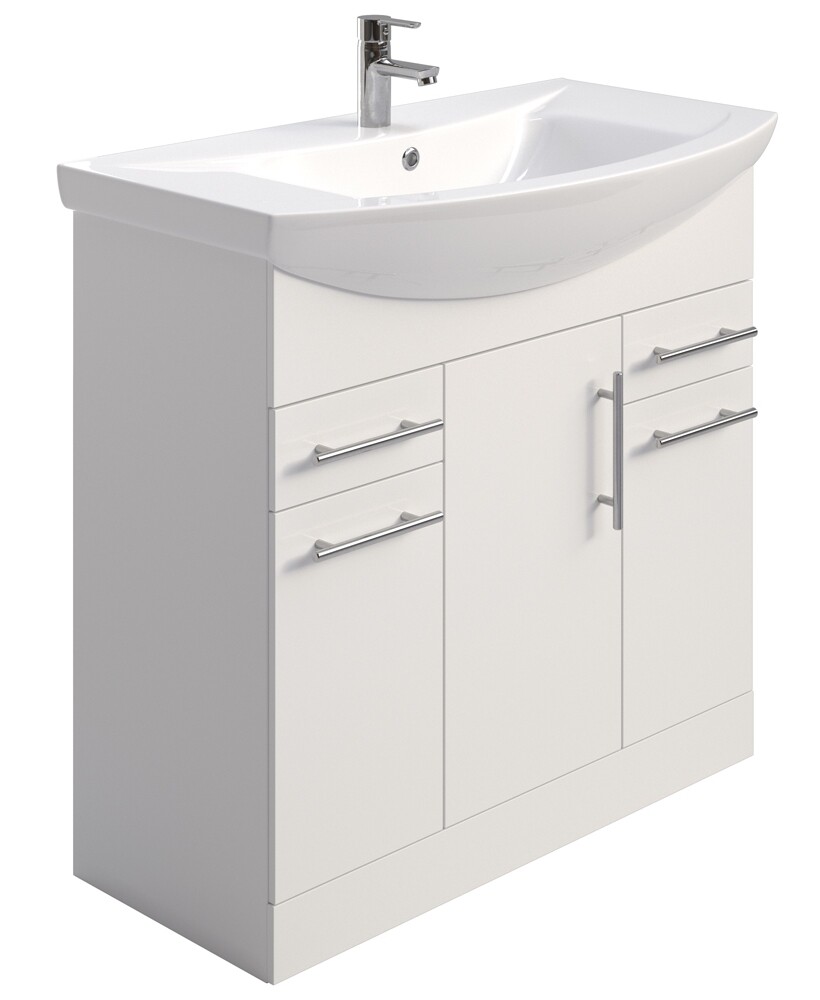 SONAS Belmont Gloss White 85cm 3 Door, 2 Drawer, Floor Standing Vanity Unit- Chrome Hardware
