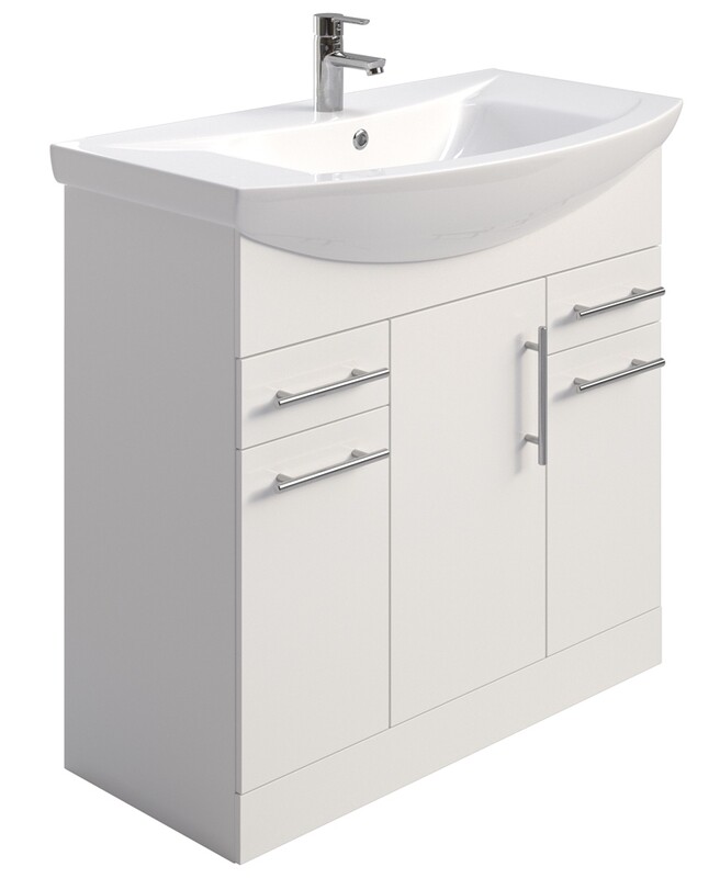 SONAS Belmont Gloss White 85cm 3 Door, 2 Drawer, Floor Standing Vanity Unit- Chrome Hardware