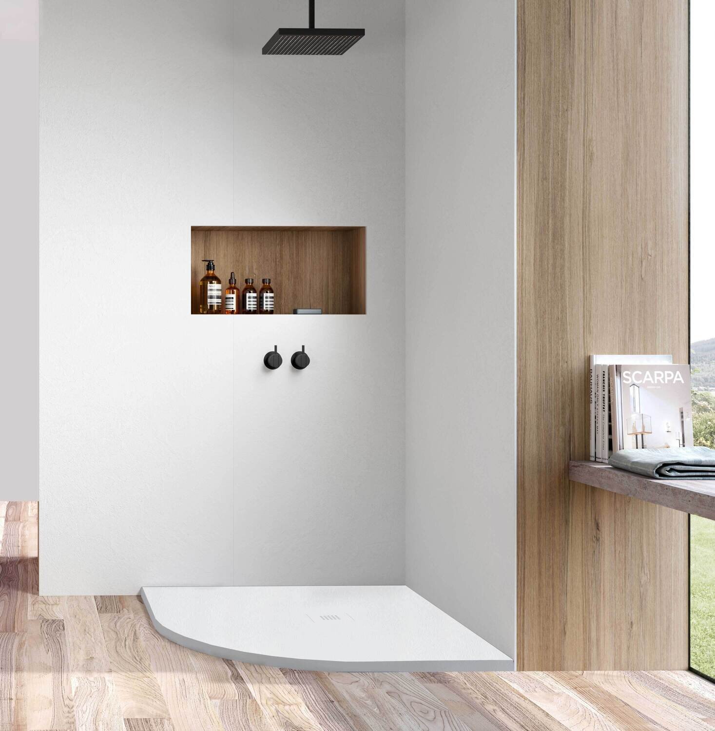 Offset Quadrant White Sand Slate Shower Tray &amp; Grid