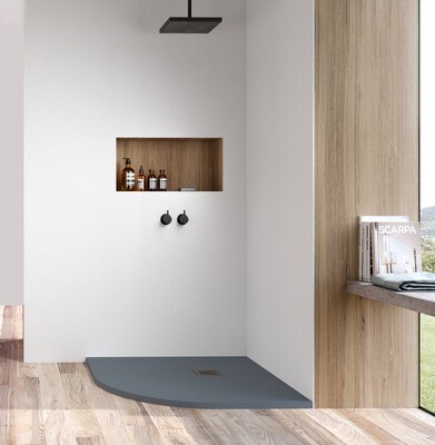Offset Quadrant Anthracite Sand Slate Shower Tray & Grid Offset Quadrant Anthracite Sand Slate Shower Tray & Grid