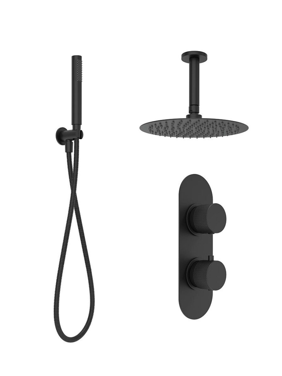 SONAS Alita Knurled Shower Set 2 Matt Black - Ceiling Mounted Fixed Head