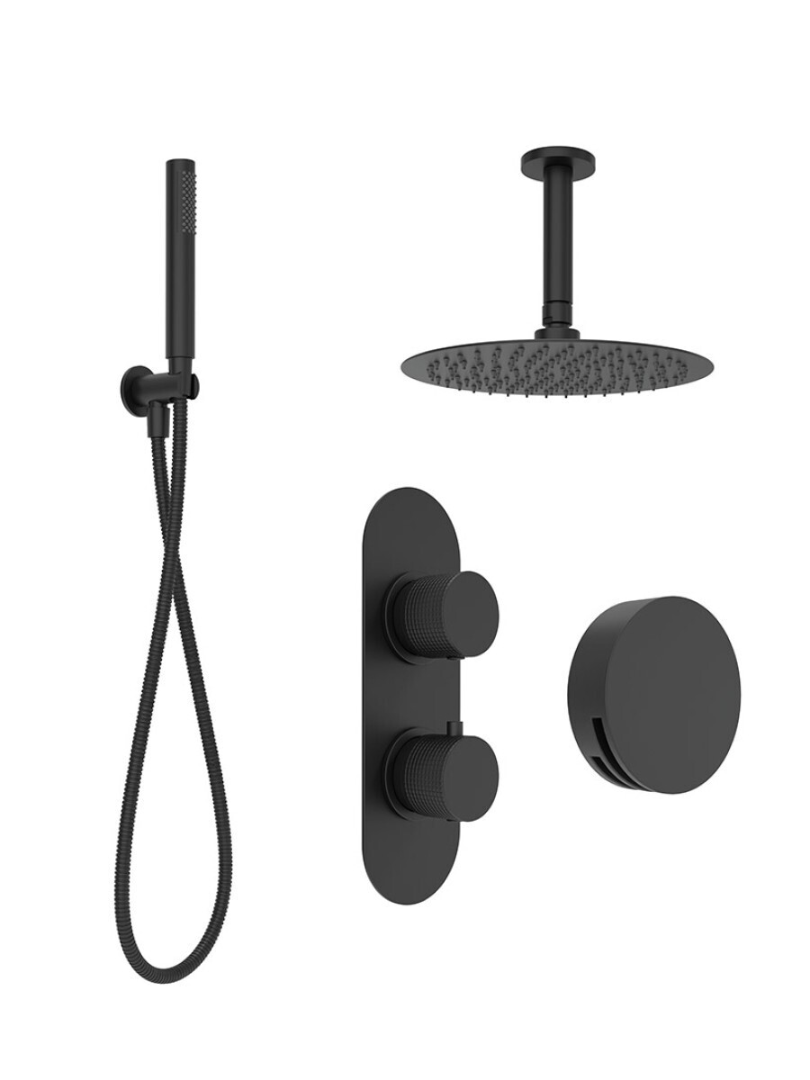 SONAS Alita Knurled Bath Set 3 Matt Black - Ceiling Mounted Fixed Head
