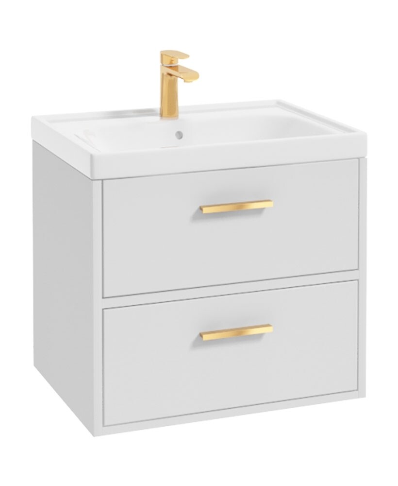 SONAS Finland 60cm Wall Hung Vanity Unit Matt White- Brushed Gold Hardware