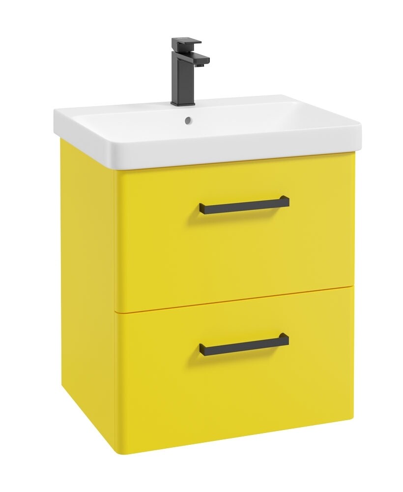 SONAS Kora 60cm Wall Hung 2 Drawer Vanity Unit Sun-Kissed Yellow Matt- Matt Black Hardware