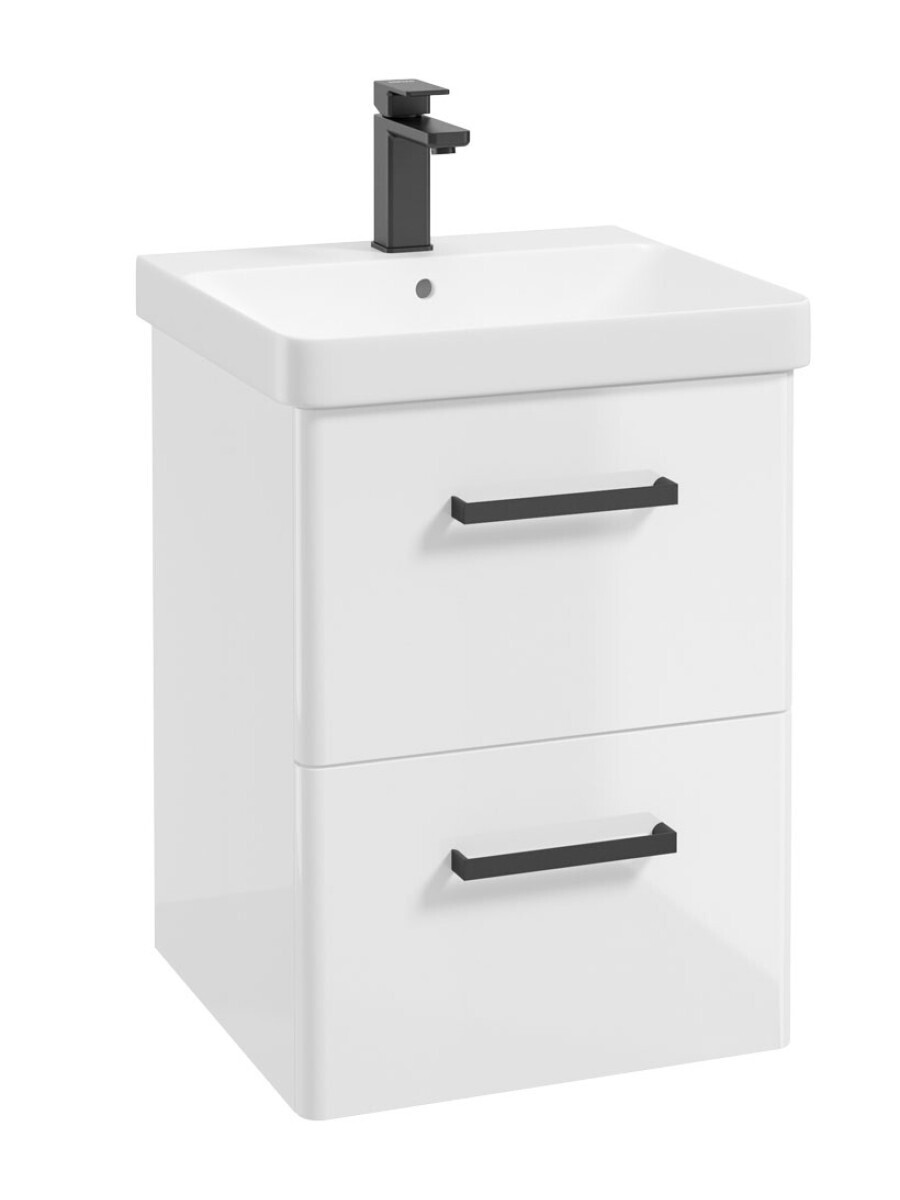 SONAS Kora 50cm Wall Hung 2 Drawer Vanity Unit Gloss White- Matt Black Hardware