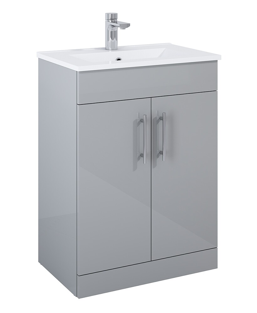SONAS Belmount Square Light Grey Gloss 60cm Short Projection 2 Door Floor Standing Vanity- Chrome Hardware