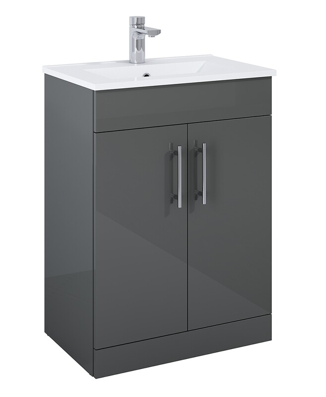 SONAS Belmount Square Grey Gloss 60cm Short Projection 2 Door Floor Standing Vanity- Chrome Hardware