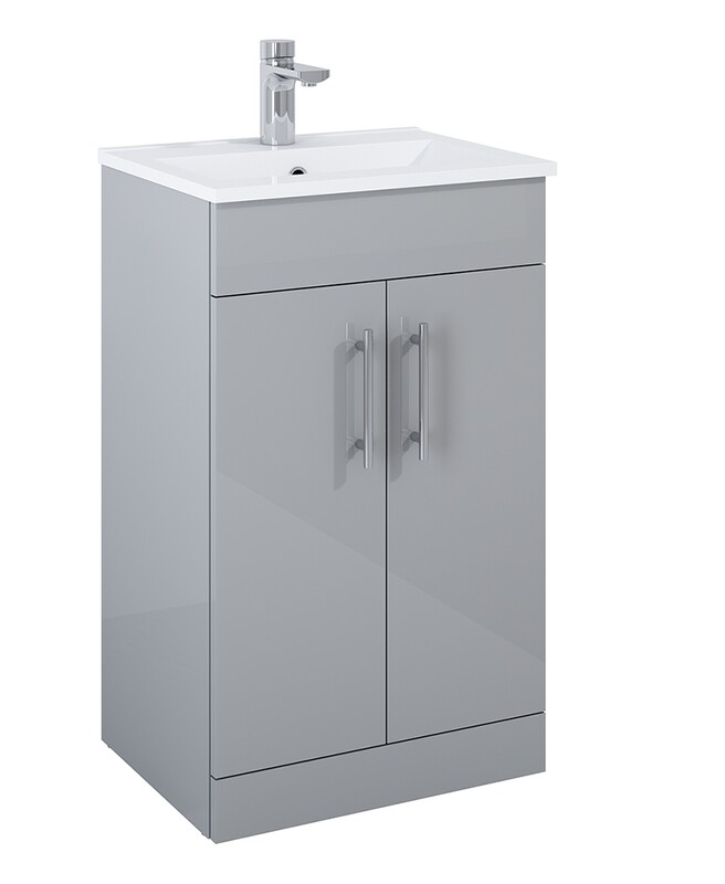 SONAS Belmount Square Light Grey Gloss 50cm Short Projection 2 Door Floor Standing Vanity- Chrome Hardware