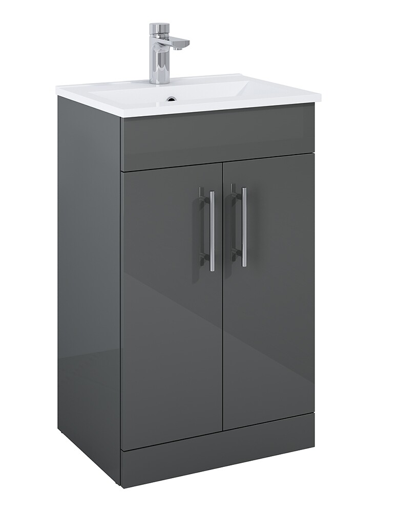 SONAS Belmount Square Grey Gloss 50cm Short Projection 2 Door Floor Standing Vanity- Chrome Hardware