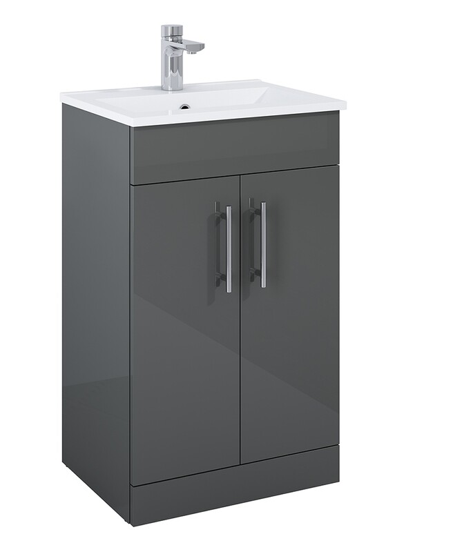 SONAS Belmount Square Grey Gloss 50cm Short Projection 2 Door Floor Standing Vanity- Chrome Hardware