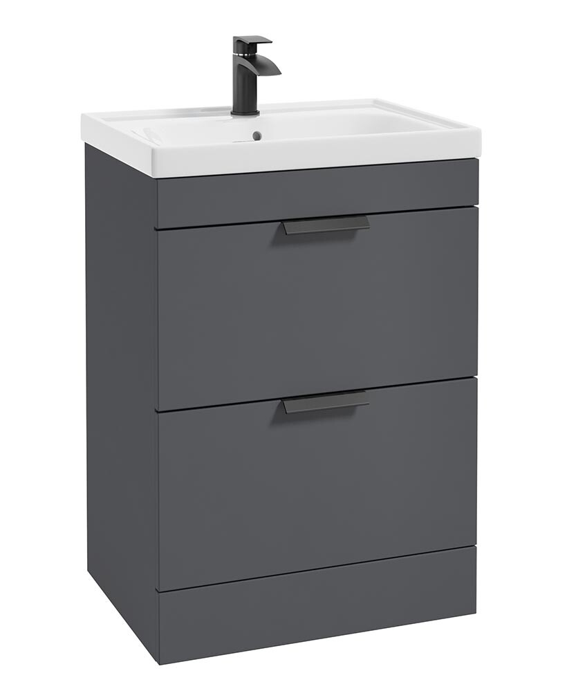 SONAS Stockholm 60cm 2 Drawer Floor Standing Vanity Unit Midnight Grey Matt- Matt Black Hardware