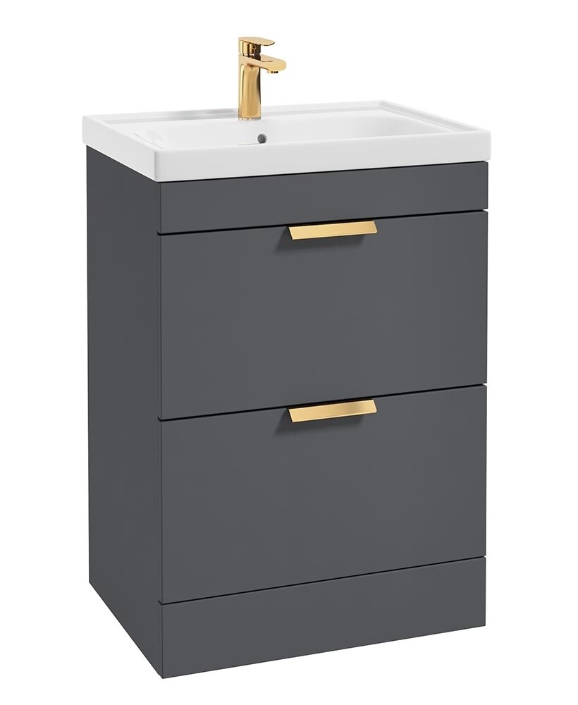 SONAS Stockholm 60cm 2 Drawer Floor Standing Vanity Unit Midnight Grey Matt- Brushed Gold Hardware