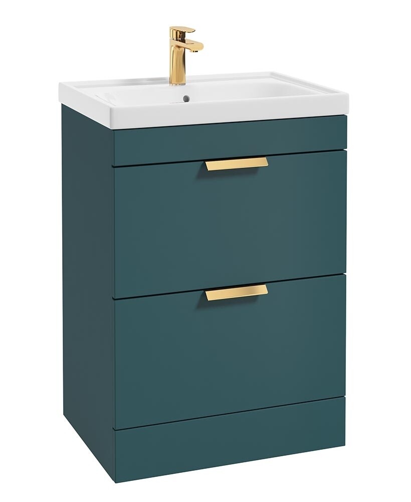 SONAS Stockholm 60cm 2 Drawer Floor Standing Vanity Unit Ocean Blue Matt- Brushed Gold Hardware
