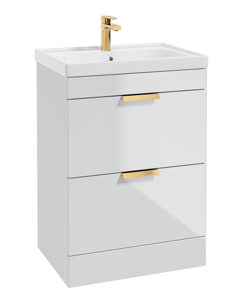SONAS Stockholm 60cm 2 Drawer Floor Standing Vanity Unit Gloss White- Brushed Gold Hardware
