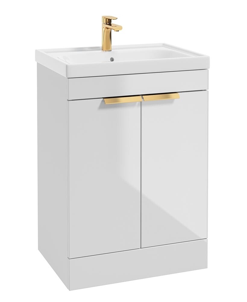 SONAS Stockholm 60cm 2 Door Floor Standing Vanity Unit Gloss White- Brushed Gold Hardware