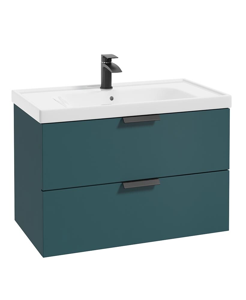 SONAS Stockholm 80cm Two Drawer Wall Hung Vanity Unit Ocean Blue Matt- Matt Black Hardware