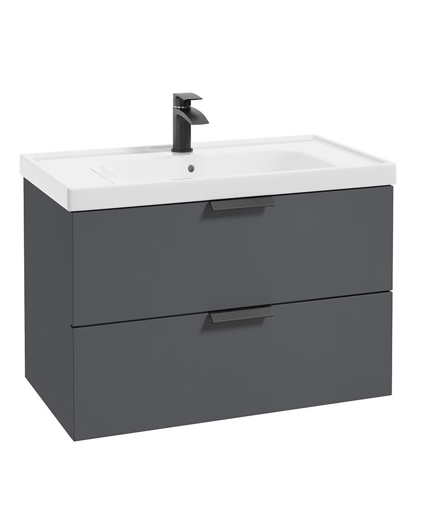 SONAS Stockholm 80cm Two Drawer Wall Hung Vanity Unit Midnight Grey Matt- Matt Black Hardware