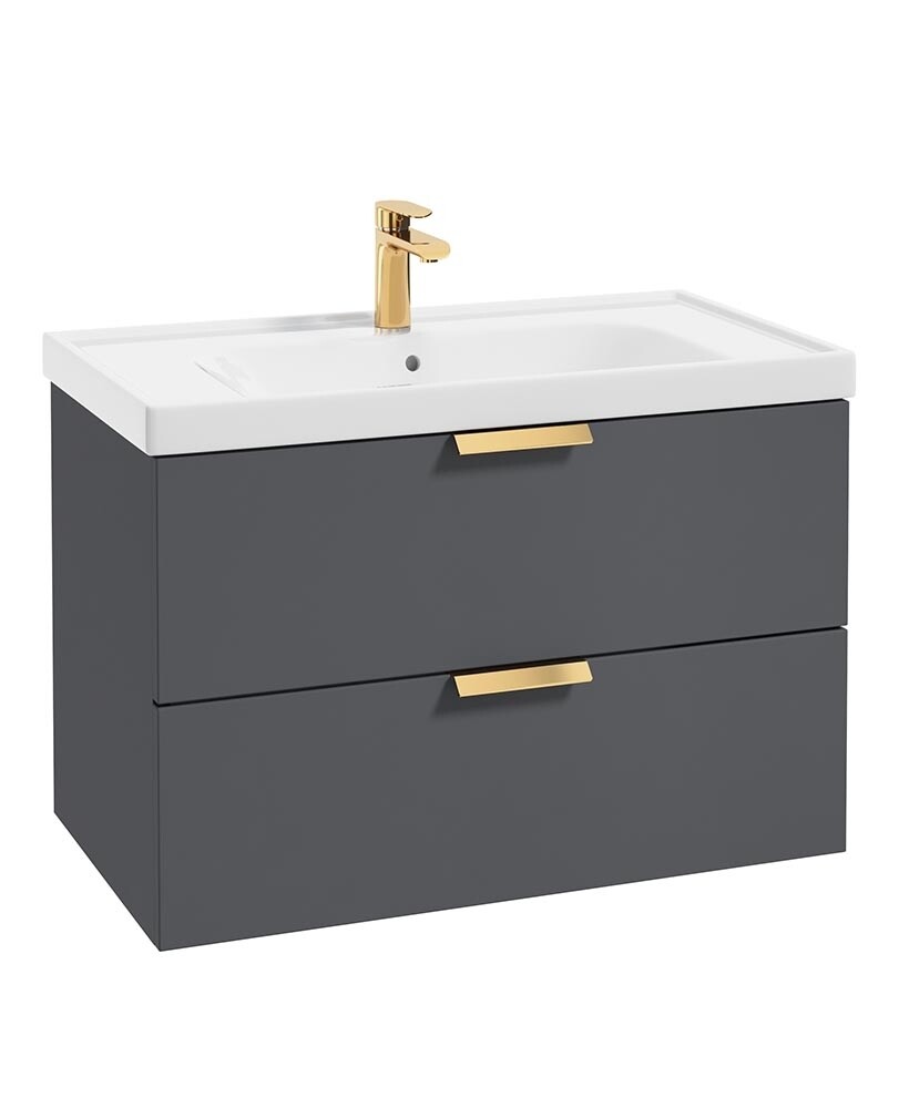 SONAS Stockholm 80cm Two Drawer Wall Hung Vanity Unit Midnight Grey Matt- Brushed Gold Hardware