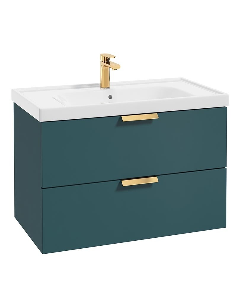 SONAS Stockholm 80cm Two Drawer Wall Hung Vanity Unit Ocean Blue Matt- Brushed Gold Hardware