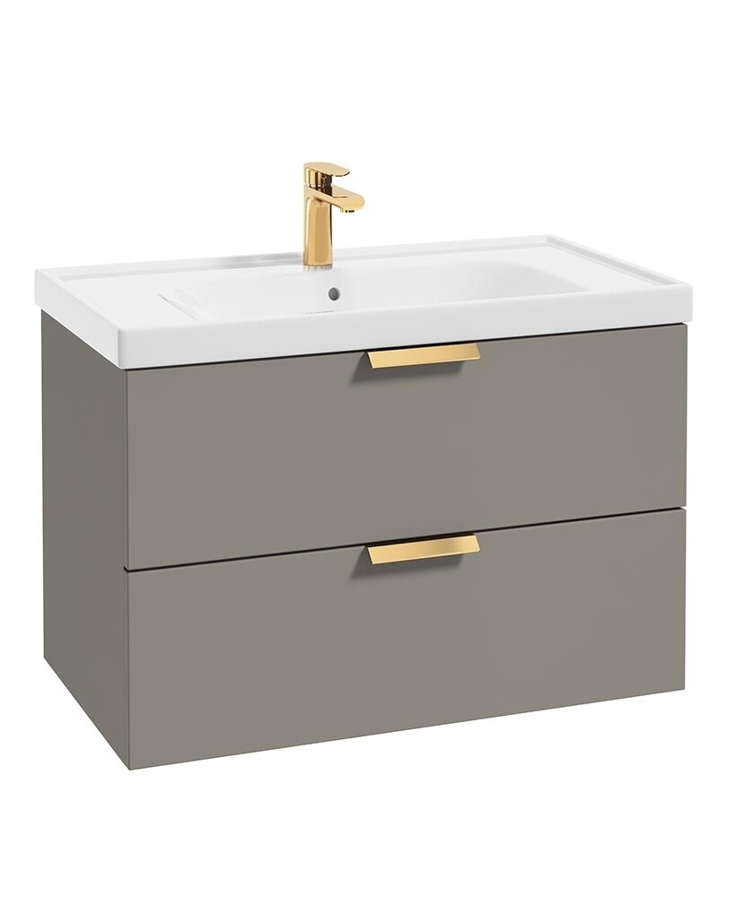 SONAS Stockholm 80cm Two Drawer Wall Hung Vanity Unit Khaki Matt- Brushed Gold Hardware