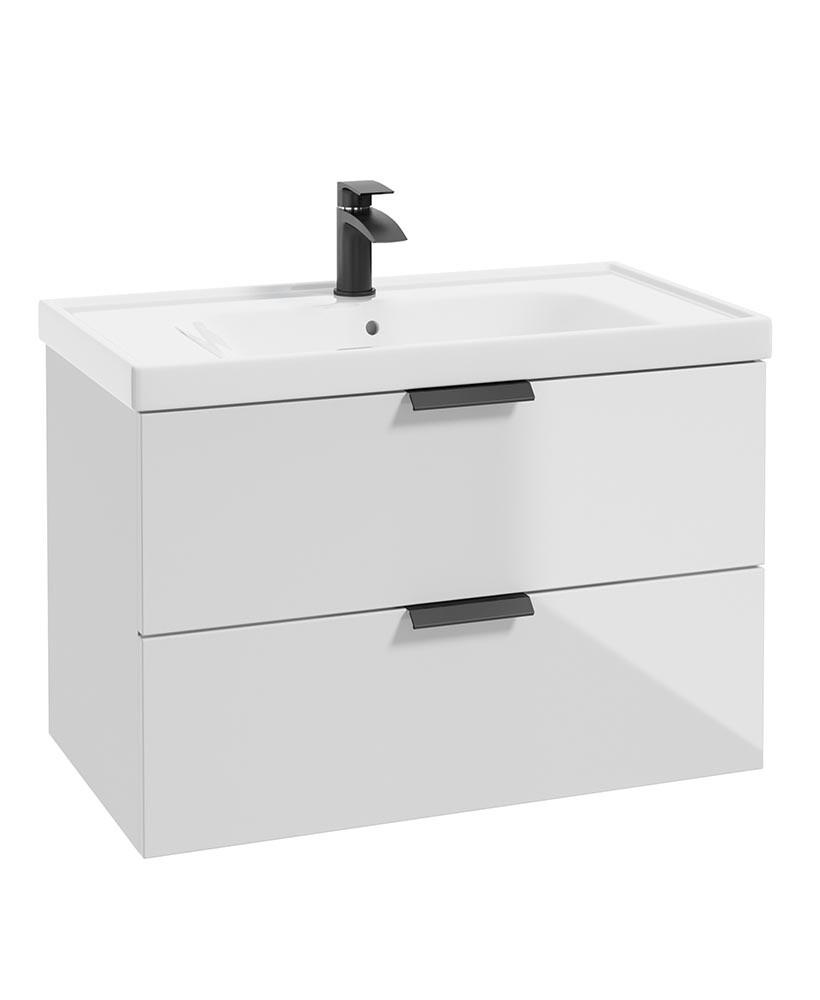 SONAS Stockholm 80cm Two Drawer Wall Hung Vanity Unit Gloss White- Matt Black Hardware