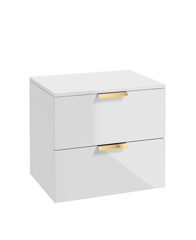 SONAS Stockholm 60cm Two Drawer Wall Hung Countertop Unit Gloss White- Brushed Gold Hardware