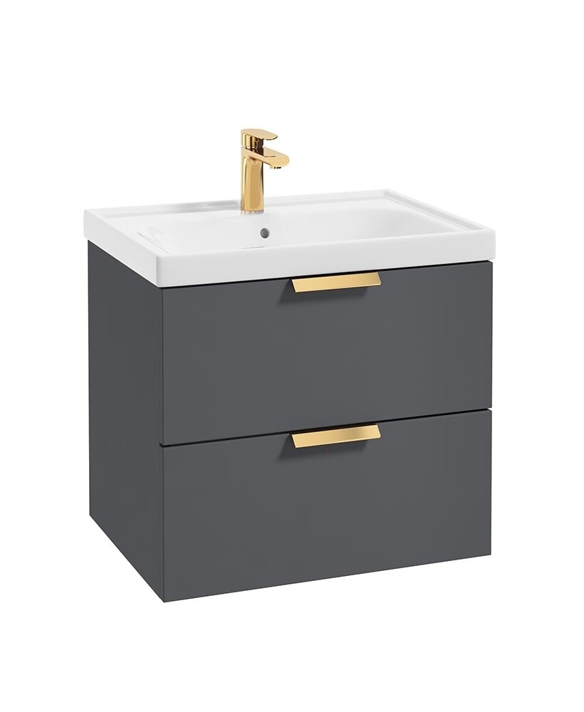 SONAS Stockholm 60cm Two Drawer Wall Hung Vanity Unit Midnight Grey Matt- Brushed Gold Hardware