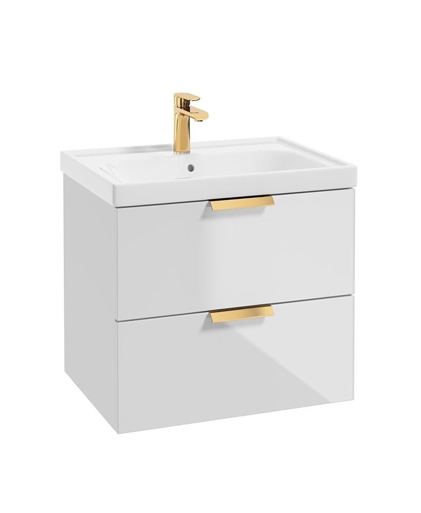 SONAS Stockholm 60cm Two Drawer Wall Hung Vanity Unit Gloss White- Brushed Gold Hardware