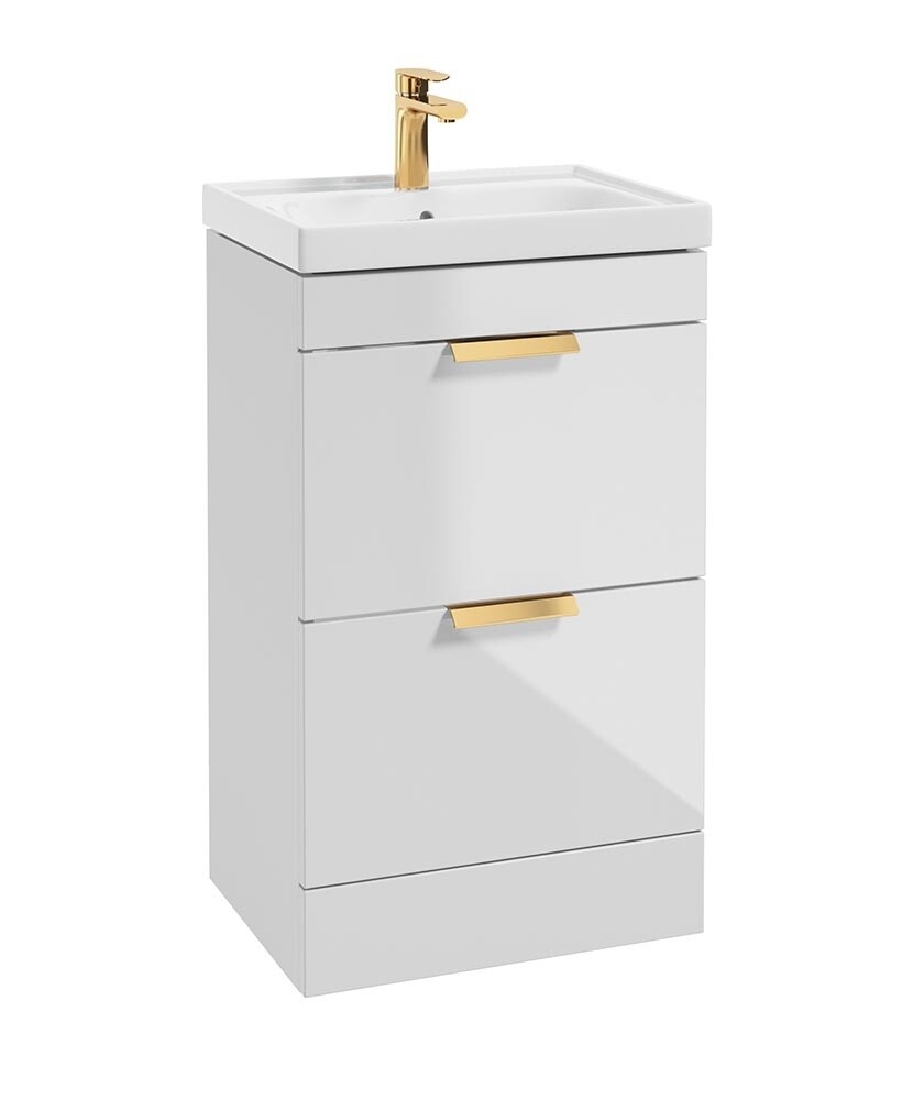 SONAS Stockholm 50cm 2 Drawer Floor Standing Vanity Unit Gloss White- Brushed Gold Hardware