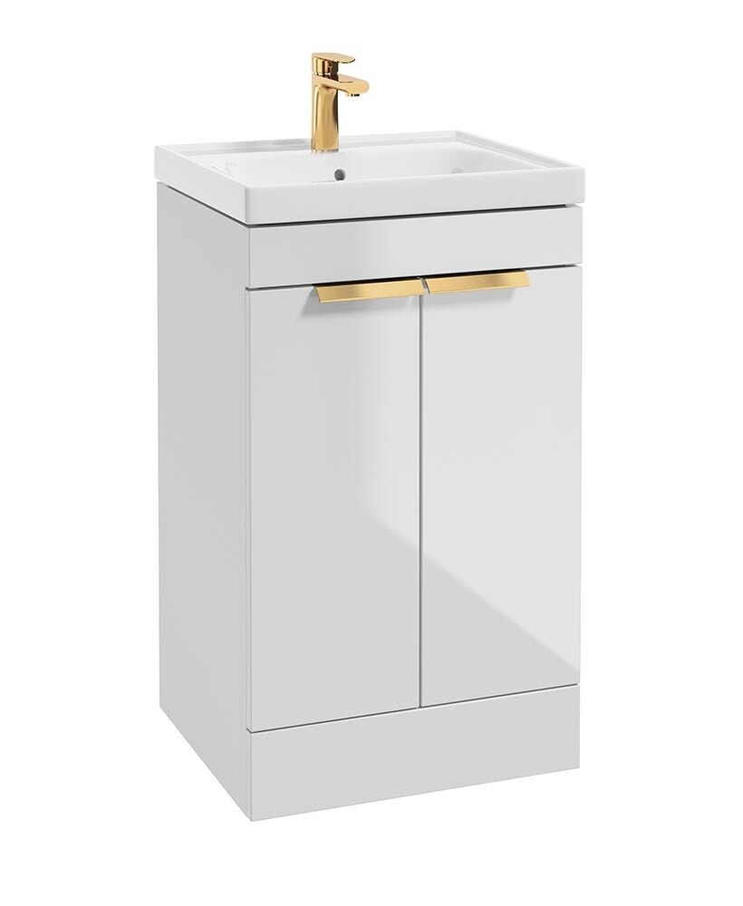 SONAS Stockholm 50cm 2 Door Floor Standing Vanity Unit Gloss White- Brushed Gold Hardware