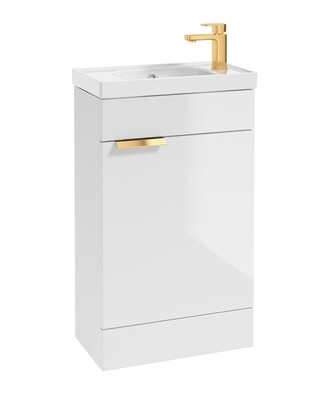 SONAS Stockholm 50cm Floor Standing Cloakroom Vanity Unit Gloss White- Brushed Gold Hardware
