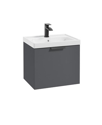 SONAS Stockholm 50cm One Drawer Wall Hung Vanity Unit Midnight Grey Matt- Matt Black Hardware