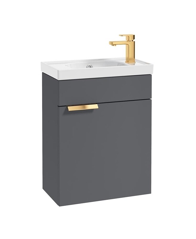 SONAS Stockholm 50cm Wall Hung Cloakroom Vanity Unit Midnight Grey Matt - Brushed Gold Hardware