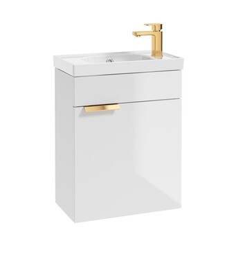 SONAS Stockholm 50cm Wall Hung Cloakroom Vanity Unit Gloss White- Brushed Gold Hardware
