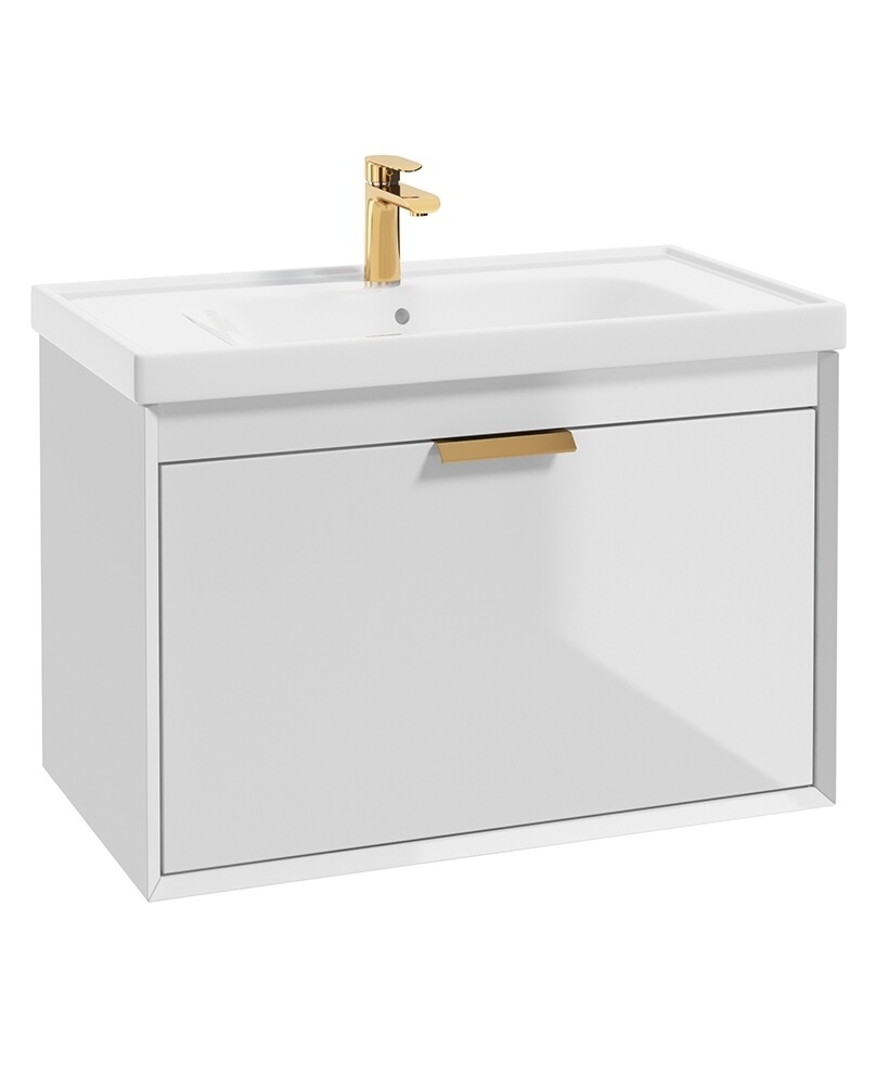 SONAS Fjord 80cm Wall Hung Vanity Unit Gloss White- Brushed Gold Hardware