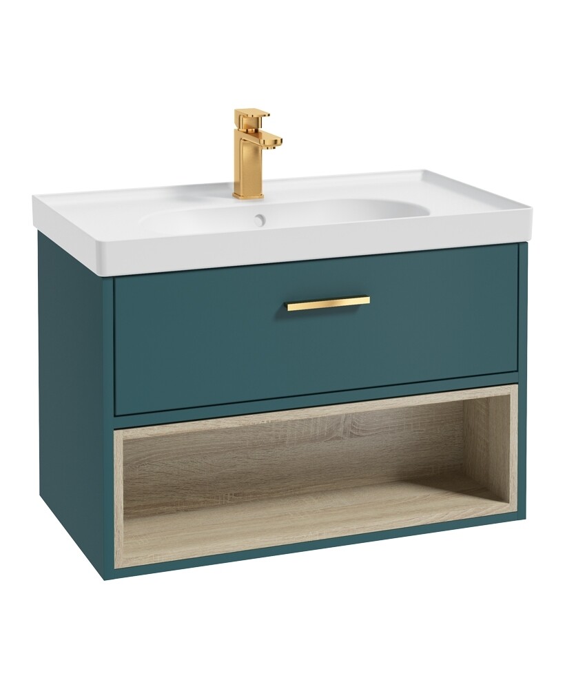 SONAS Malmo 80cm Wall Hung Vanity Unit with Matt Basin Ocean Blue Matt- Brushed Gold Hardware