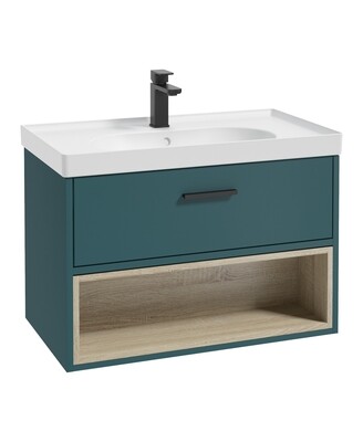 SONAS Malmo 80cm Wall Hung Vanity Unit with Matt Basin Ocean Blue Matt- Matt Black Hardware