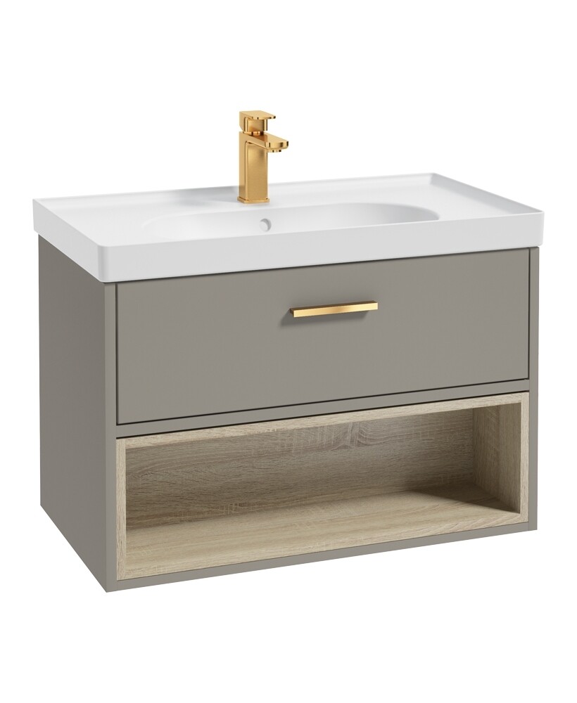 SONAS Malmo 80cm Wall Hung Vanity Unit with Matt Basin Khaki Matt - Brushed Gold Hardware
