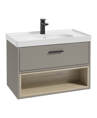 SONAS Malmo 80cm Wall Hung Vanity Unit with Matt Basin Khaki Matt - Matt Black Hardware